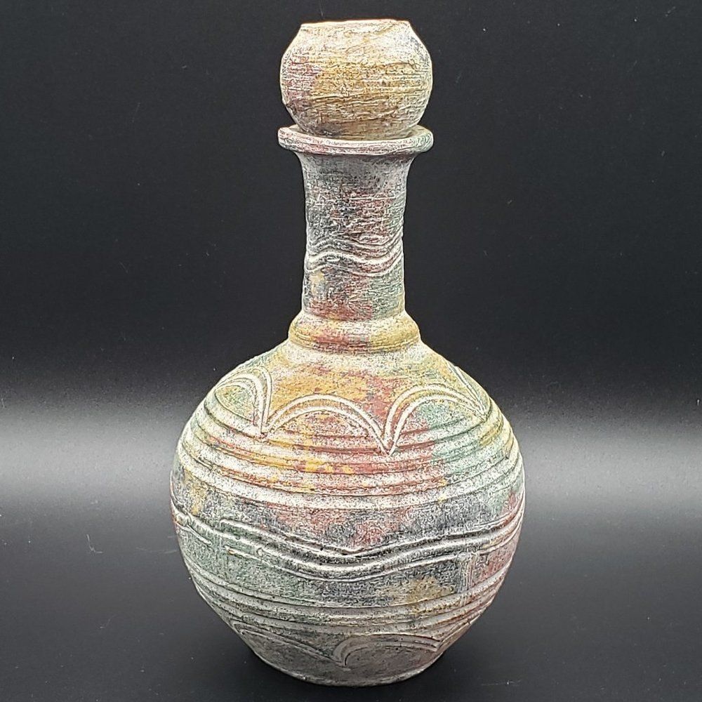 Decorative Etched Multi-coloured Unglazed Chalkware Bottle with Stopper